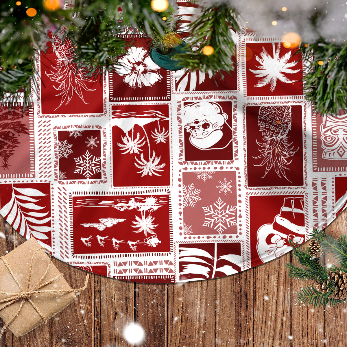 Circular red-and-white patchwork tree skirt with white fringe trim