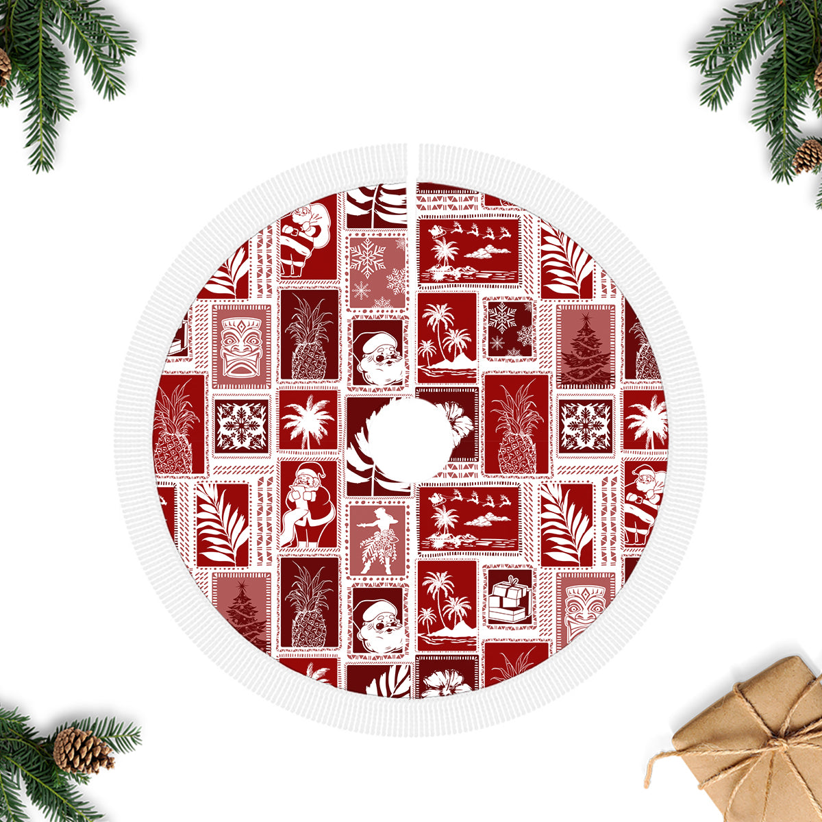 Round red patchwork tree skirt with white textured edge trim