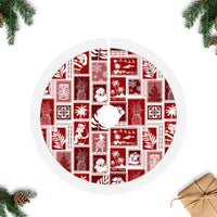 Round red patchwork tree skirt with white textured edge trim