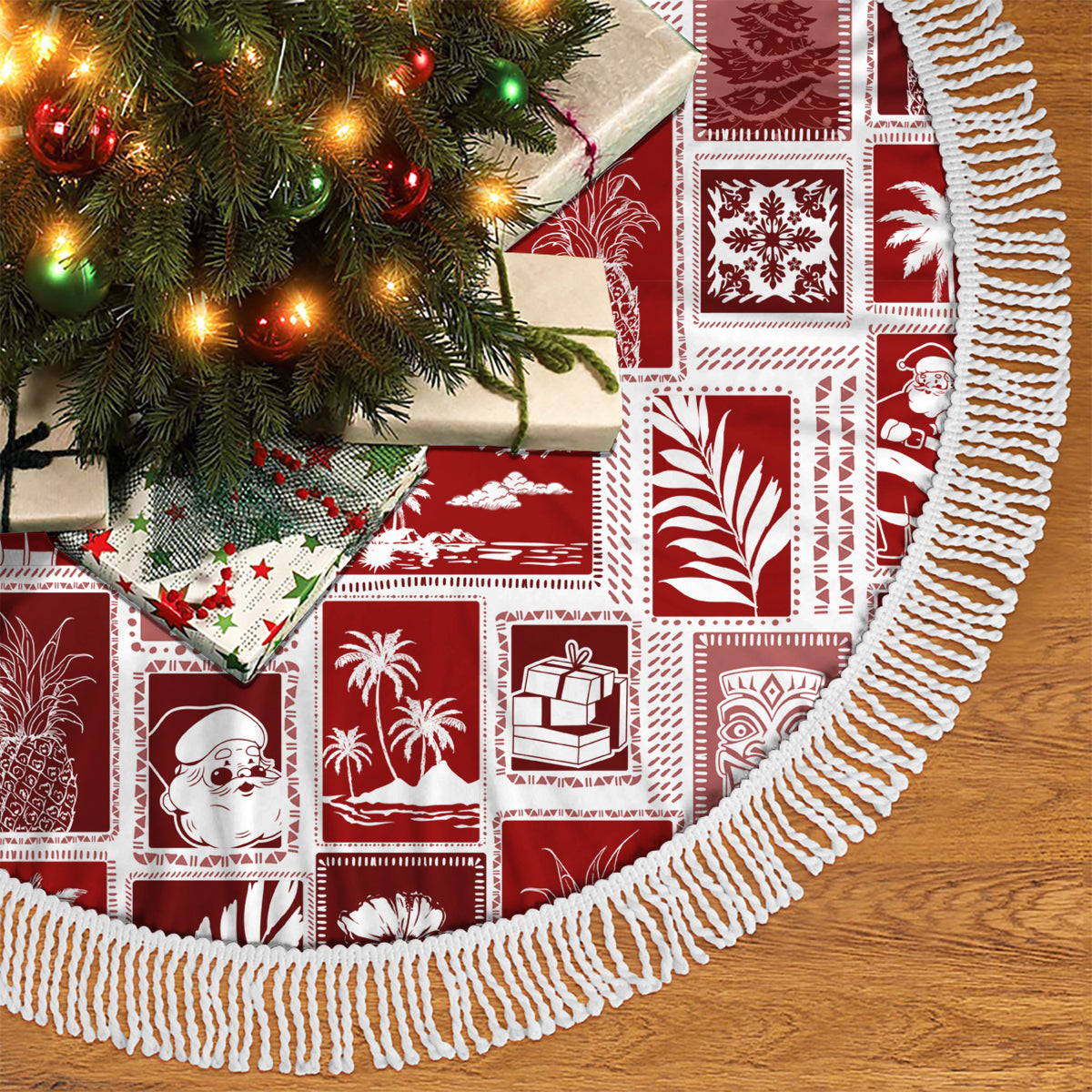 Red patchwork Christmas tree skirt with white braided fringe border