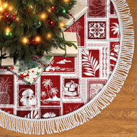 Red patchwork Christmas tree skirt with white braided fringe border