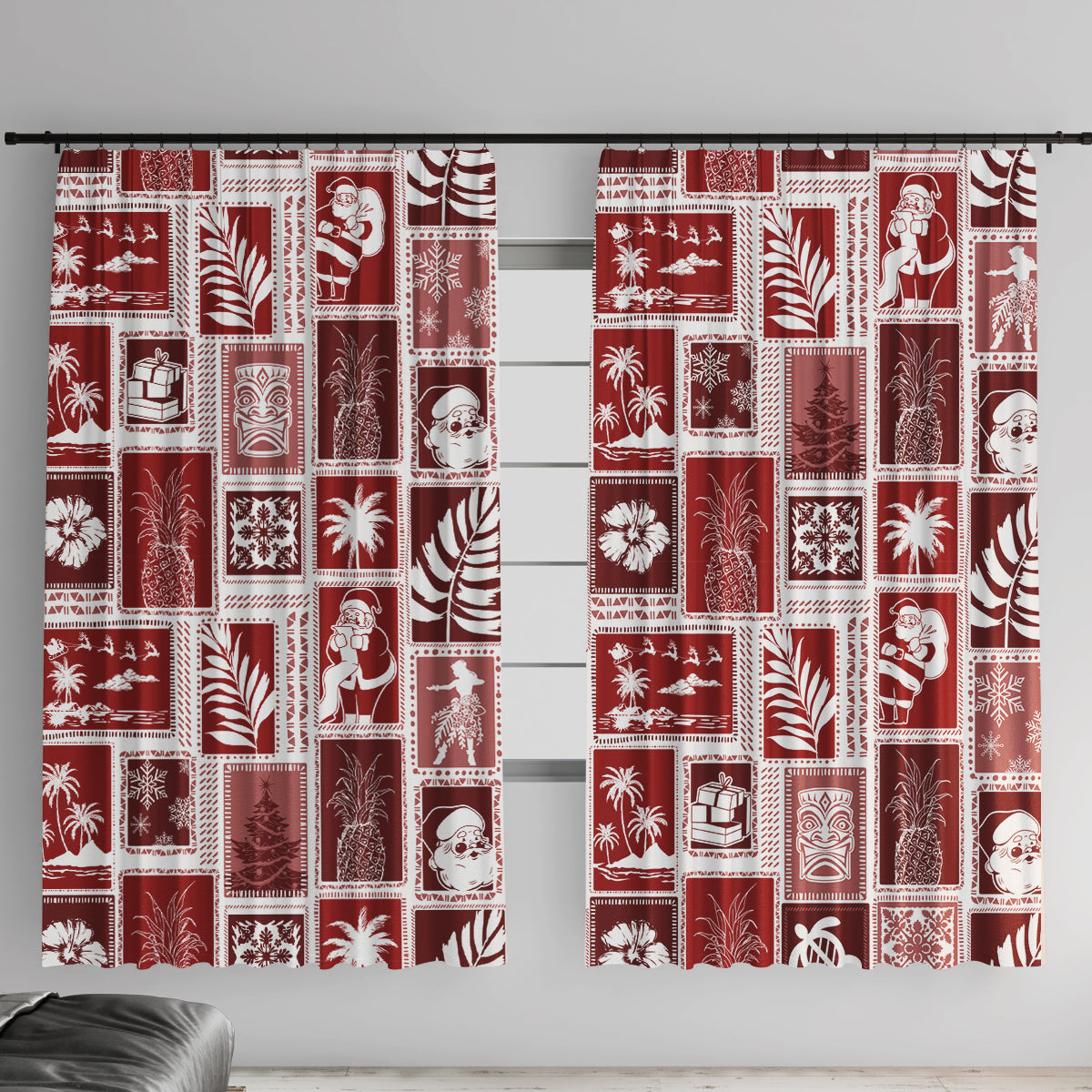 Red holiday patchwork window curtain panels with decorative icons and borders