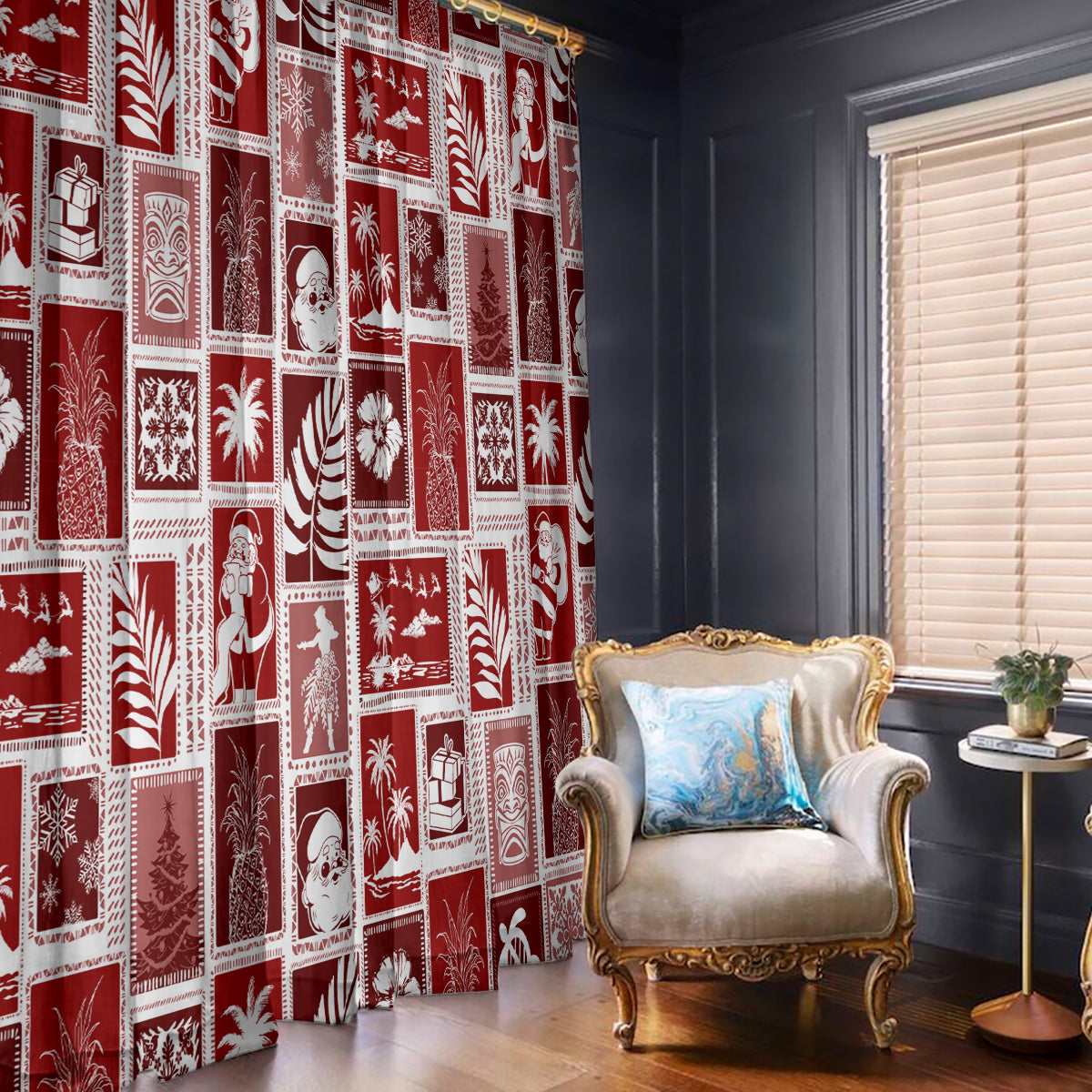Red holiday patchwork curtain with mixed motifs, hanging across a wide window