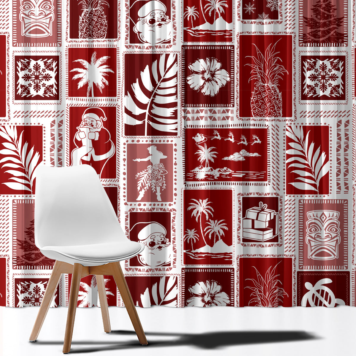 Red holiday patchwork curtain fabric with Santa, palm, and ornament print