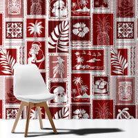 Red holiday patchwork curtain fabric with Santa, palm, and ornament print