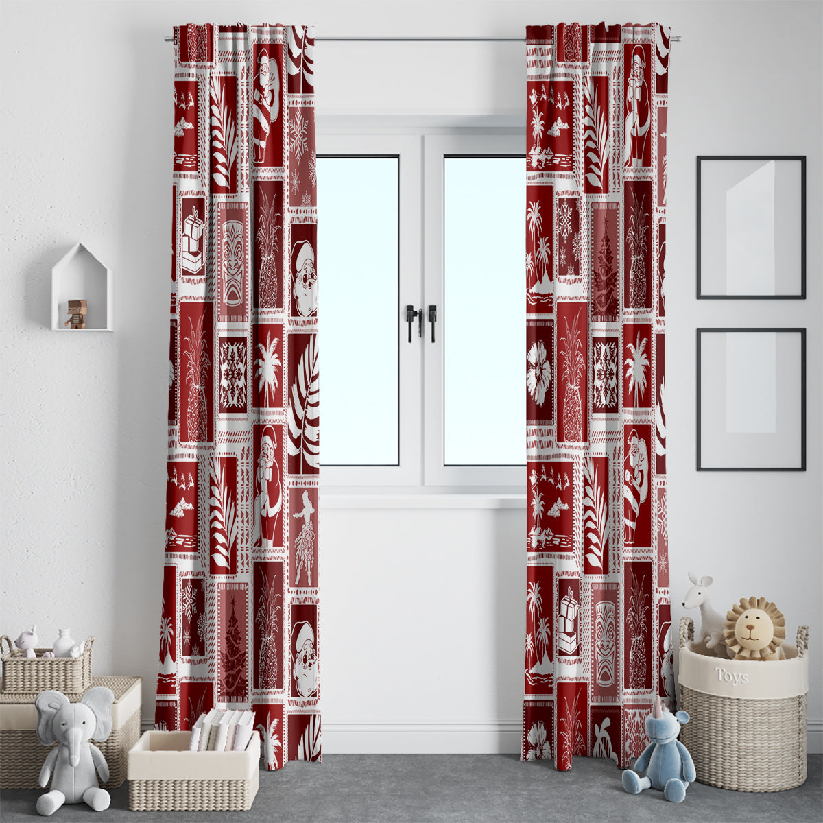 Red holiday patchwork curtain set on both sides of a white door