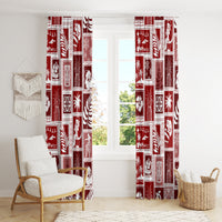Red patchwork holiday window curtains with festive blocks and figures