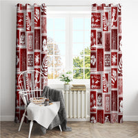 Red holiday patchwork curtain panels in an open living room window view