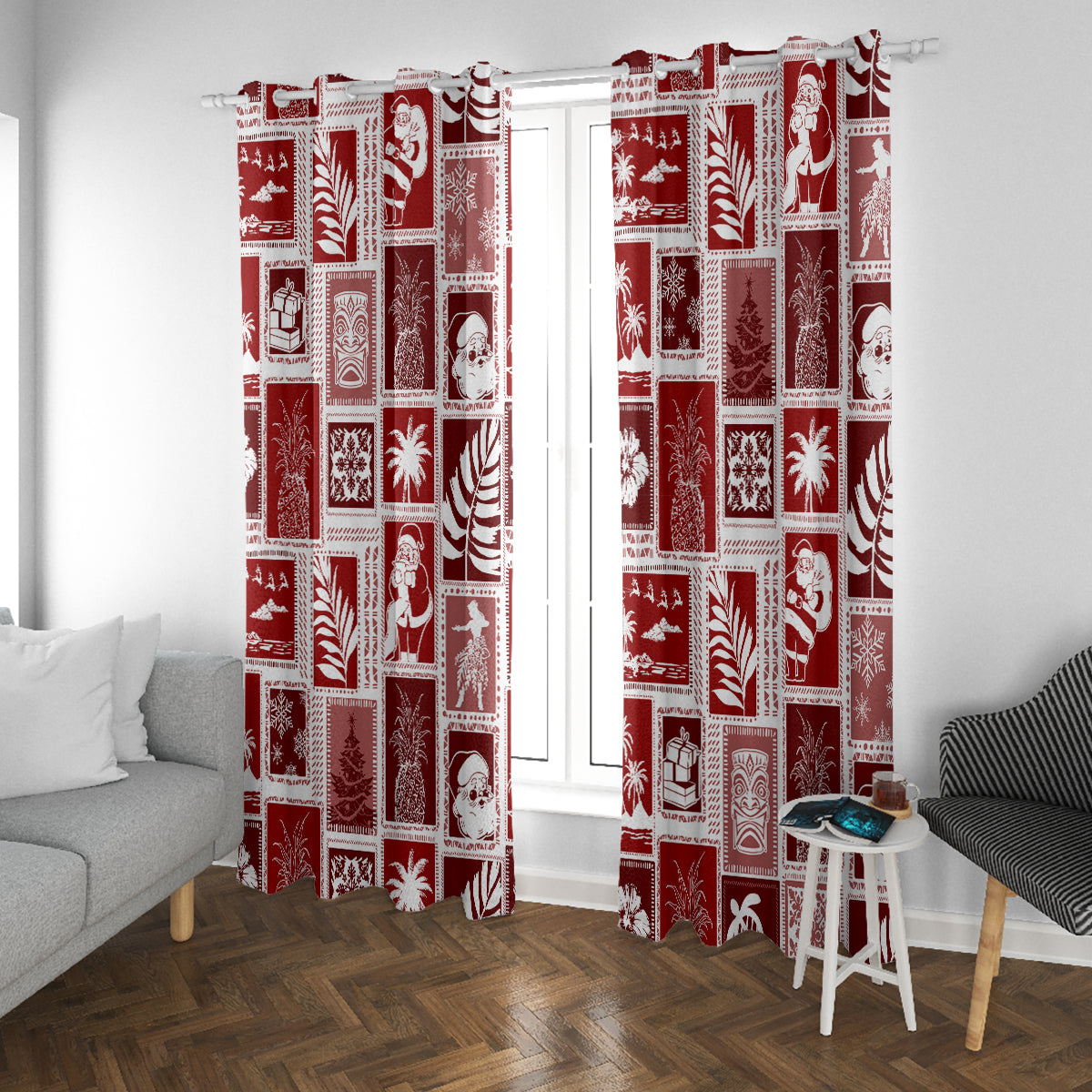 Red holiday patchwork curtains hanging straight with layered fabric at the sides