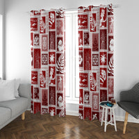 Red holiday patchwork curtains hanging straight with layered fabric at the sides