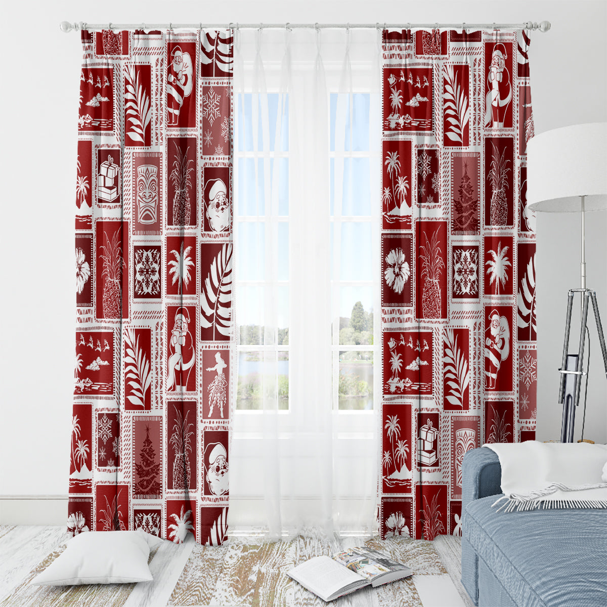 Red holiday patchwork curtain set with repeated Santa and leaf pattern blocks