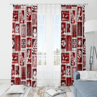 Red holiday patchwork curtain set with repeated Santa and leaf pattern blocks
