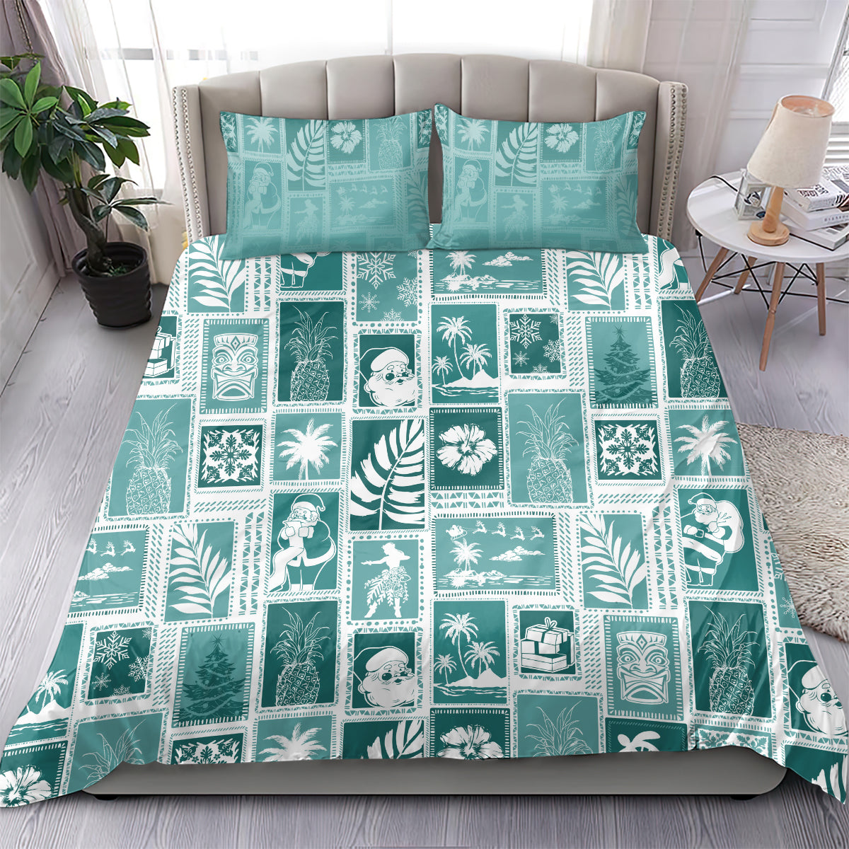 Teal patchwork bedding set with tropical collage design and two front pillows
