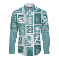 Teal long-sleeve button shirt with patchwork tropical holiday print and point collar