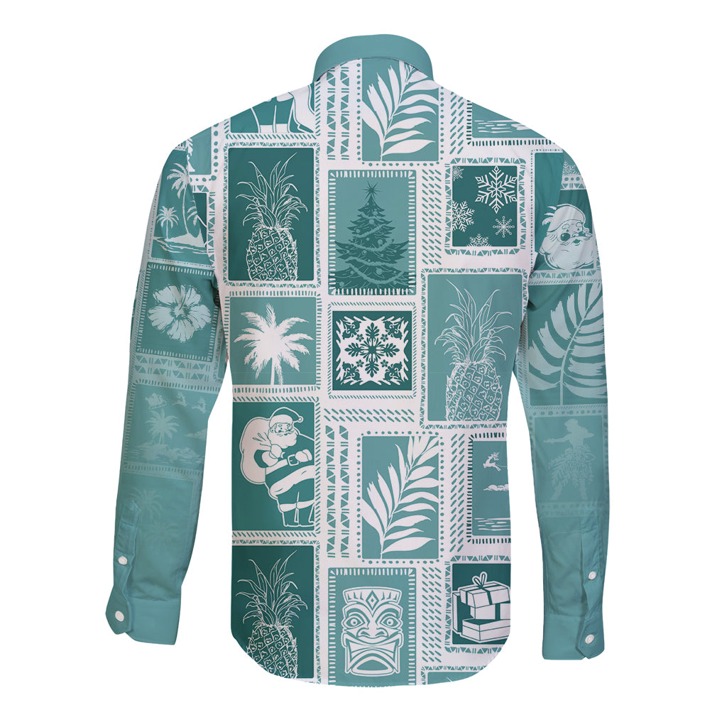 Teal long-sleeve button shirt, back view, patchwork tropical holiday print with collar