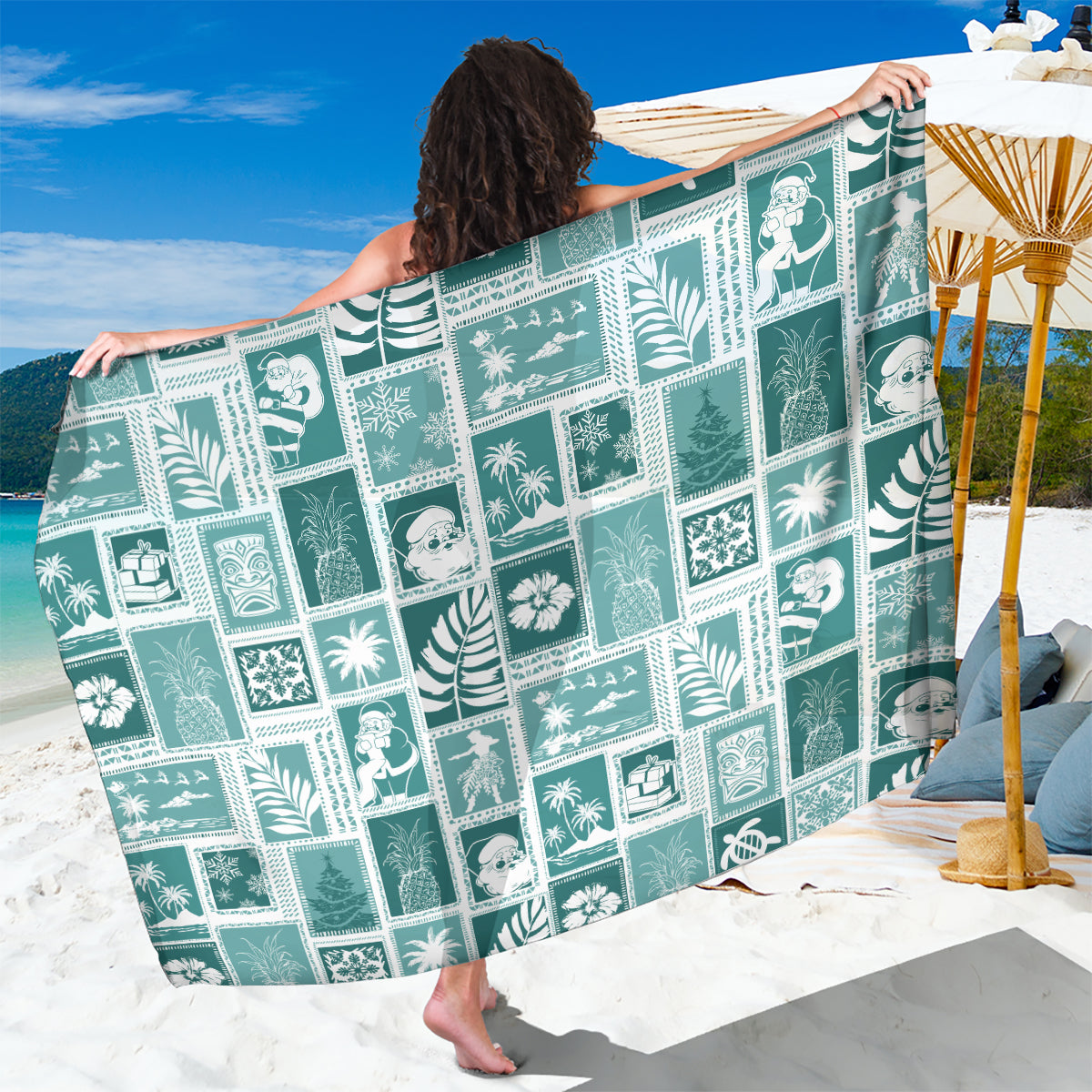 Hawaii Christmas Retro Patchwork Sarong Teal - Wonder Print Shop