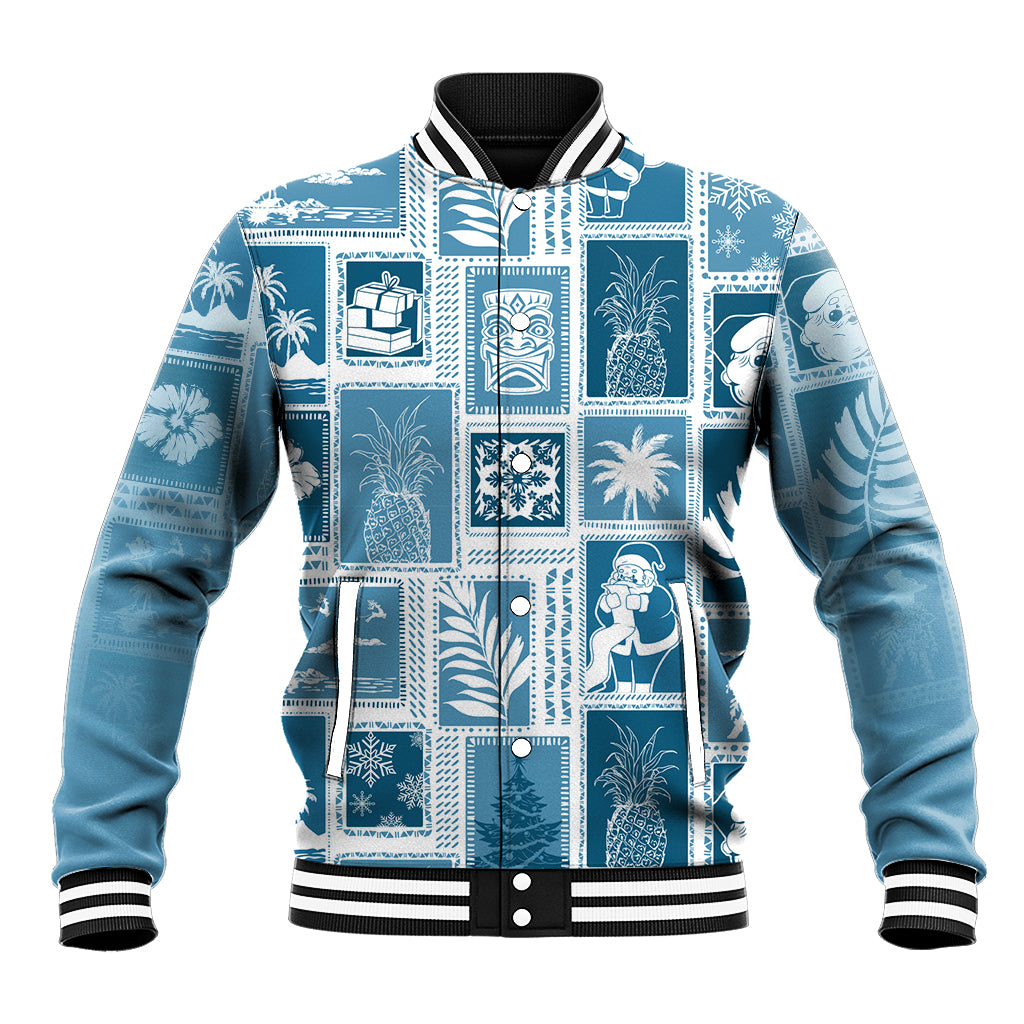 Aquamarine patchwork baseball jacket with striped collar, cuffs, and button front