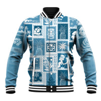 Aquamarine patchwork baseball jacket with striped collar, cuffs, and button front