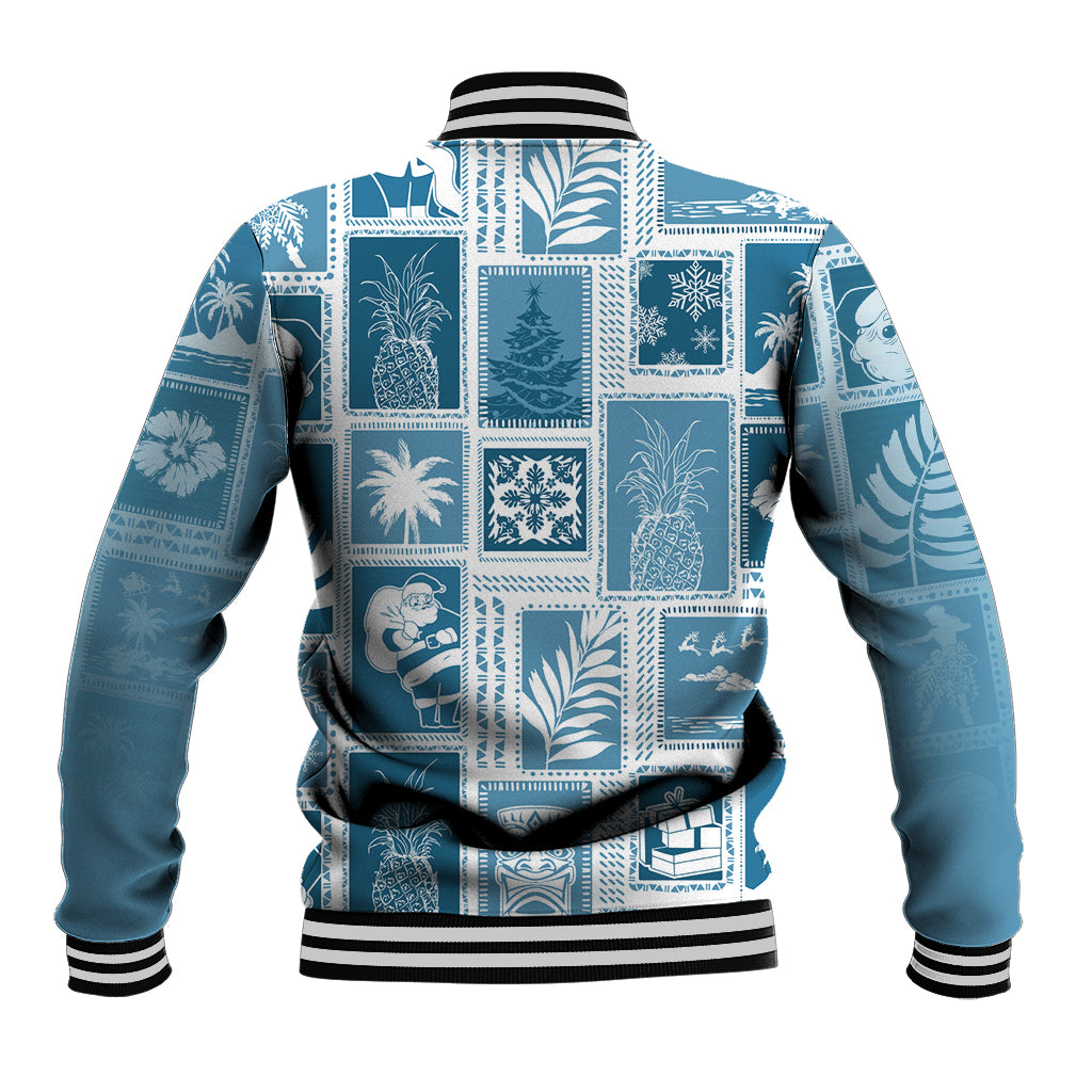 Aquamarine patchwork baseball jacket with striped hem and ribbed collar, back view