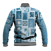 Aquamarine patchwork baseball jacket with striped hem and ribbed collar, back view