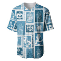 Aquamarine patchwork baseball jersey with tropical gift and tiki print, short-sleeve V-neck