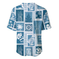 Aquamarine patchwork baseball jersey with tropical panel print, short-sleeve V-neck