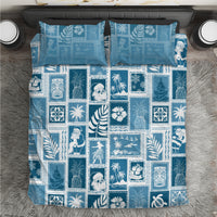 Aquamarine patchwork bedding set with square tropical print, duvet cover and 2 pillowcases