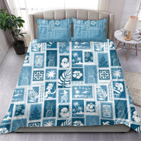 Aquamarine patchwork duvet cover and pillowcases with tropical square tile pattern