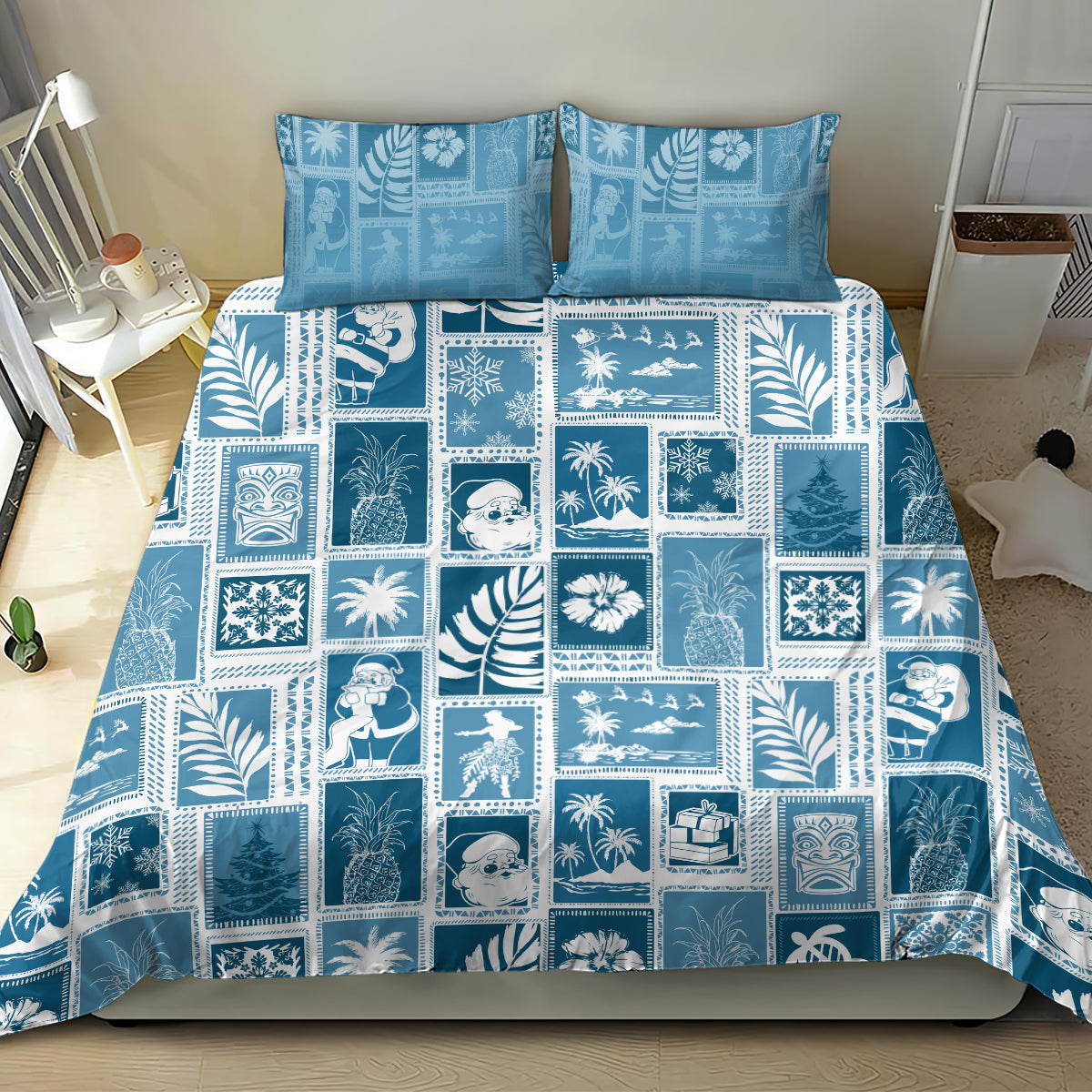 Aquamarine patchwork bedding set with blue tropical square tiles, duvet cover and pillowcases