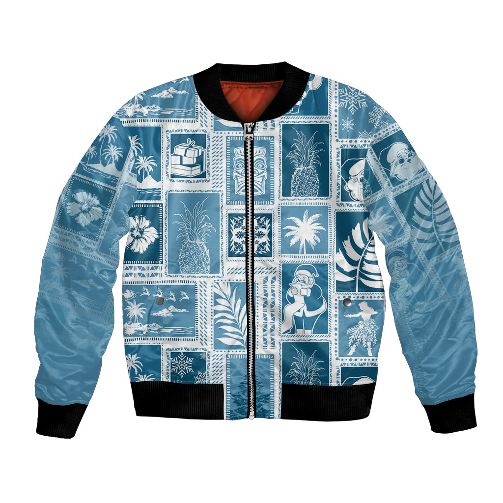 Aquamarine patchwork bomber jacket with zip front and black ribbed trim, novelty print