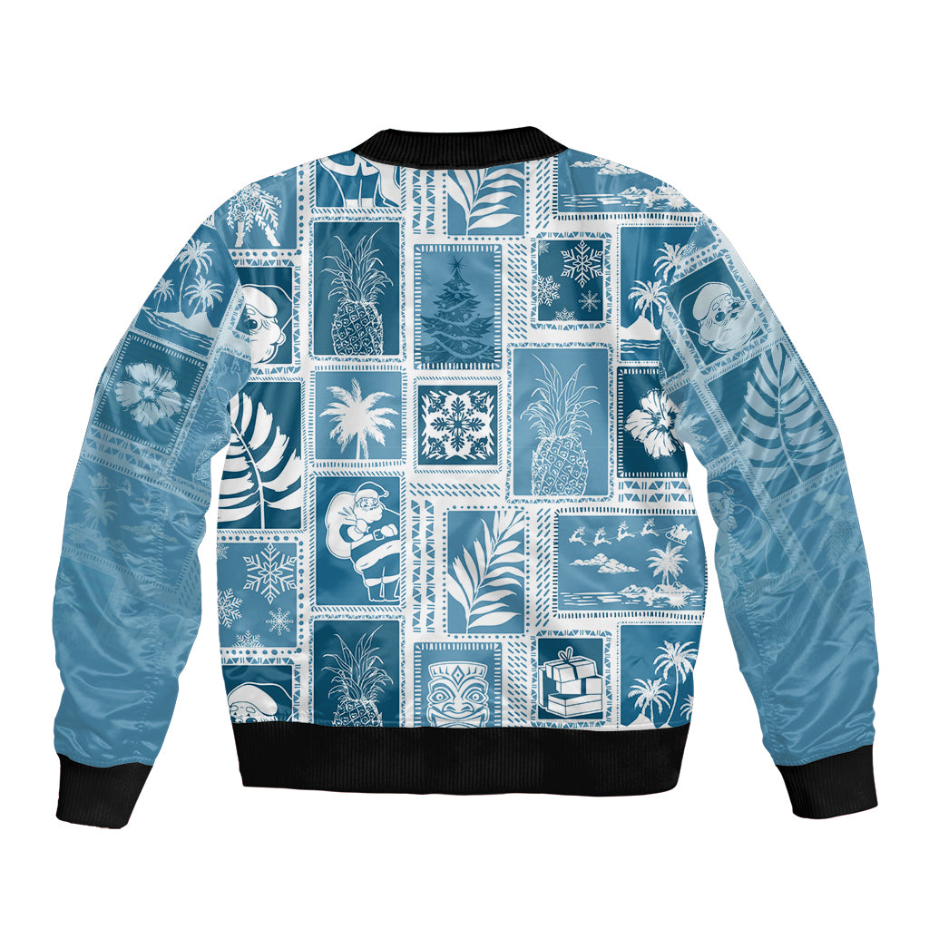 Aquamarine patchwork bomber jacket with black ribbed cuffs and all-over festive graphic print