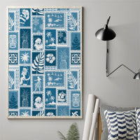 Aquamarine retro patchwork canvas wall art featuring holiday island scenes, unframed.
