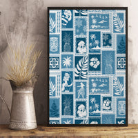 Aquamarine patchwork canvas wall art with retro island holiday icons, in dark frame.