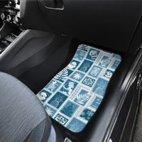 Aquamarine car floor mat with patchwork tropical and holiday icons, rounded edges