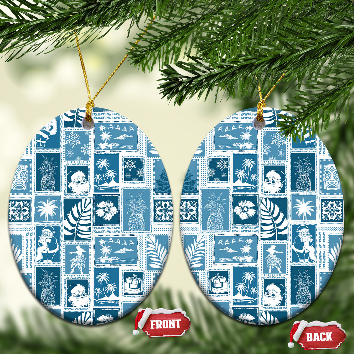Aquamarine ceramic patchwork Christmas ornaments, oval shapes with gold hanging cords