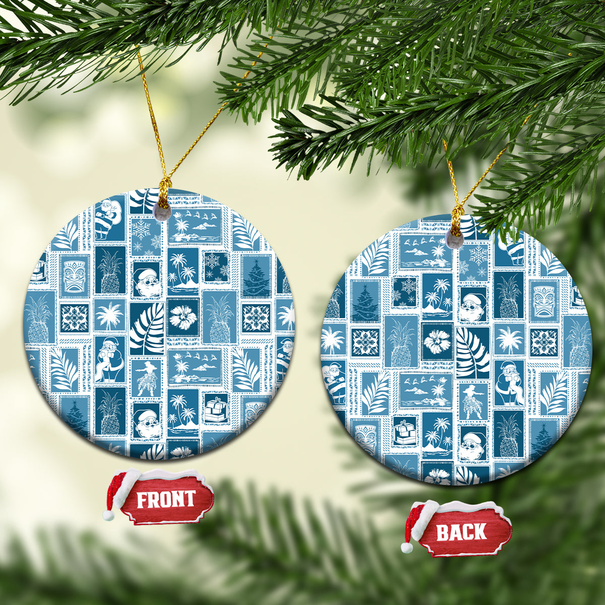 Aquamarine ceramic patchwork Christmas ornament, round shape with gold hanging cord