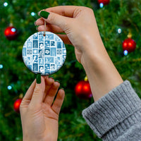Hand holding aquamarine ceramic patchwork Christmas ornament, round design with gold cord