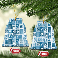 Aquamarine ceramic patchwork Christmas ornaments, bell shapes with gold hanging cords