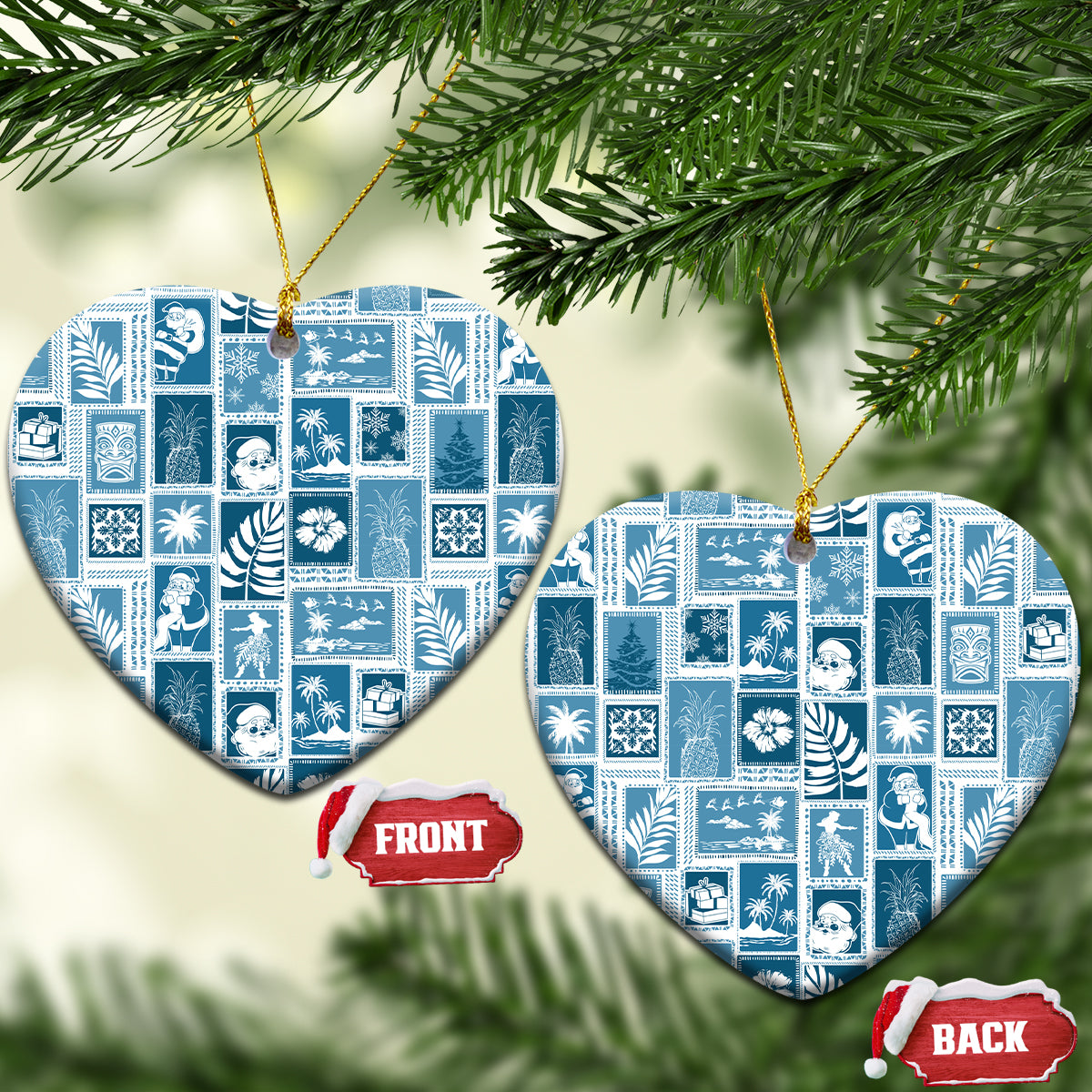 Aquamarine ceramic patchwork Christmas ornaments, heart shapes with gold hanging cords