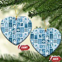 Aquamarine ceramic patchwork Christmas ornaments, heart shapes with gold hanging cords