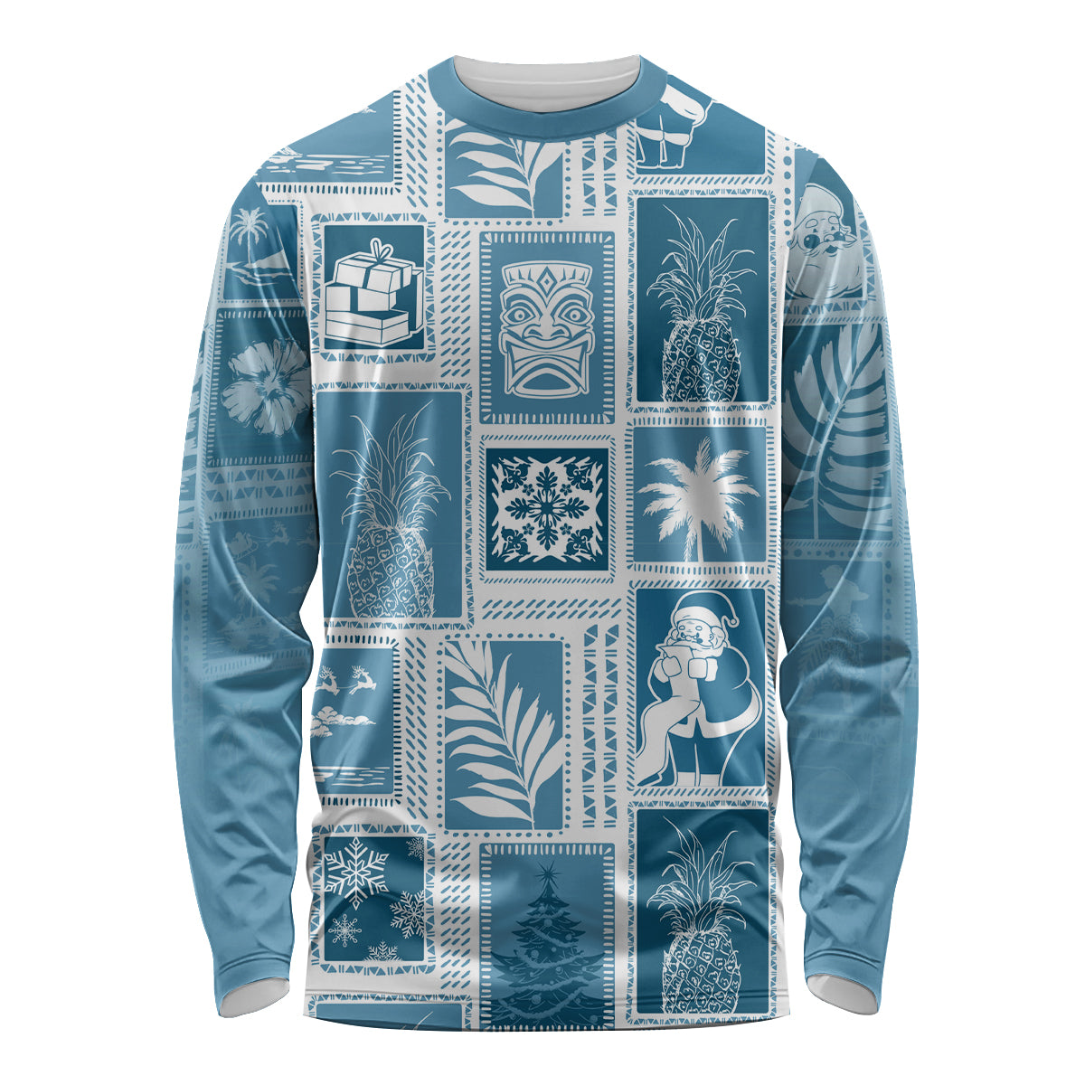 Aquamarine crewneck long-sleeve patchwork shirt with tropical holiday square prints