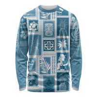 Aquamarine crewneck long-sleeve patchwork shirt with tropical holiday square prints