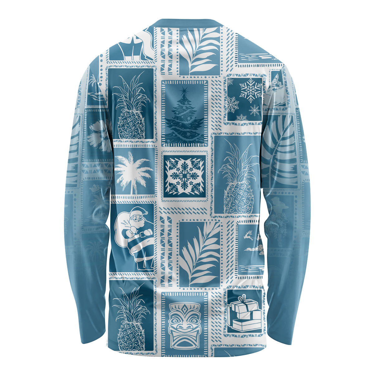 Aquamarine crewneck long-sleeve patchwork shirt, back with tropical holiday square prints