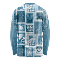 Aquamarine crewneck long-sleeve patchwork shirt, back with tropical holiday square prints