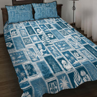 Aquamarine quilt bed set with two pillow shams, blue patchwork island print