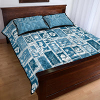 Aquamarine quilt bed set with two pillow shams, blue patchwork rectangle print