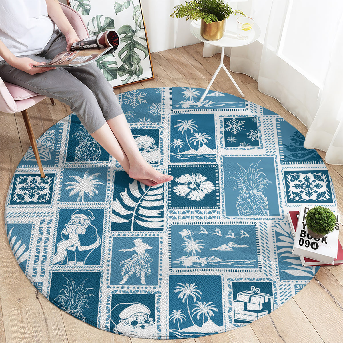 Round aquamarine patchwork rug with blue island icons and gift motifs, laid flat