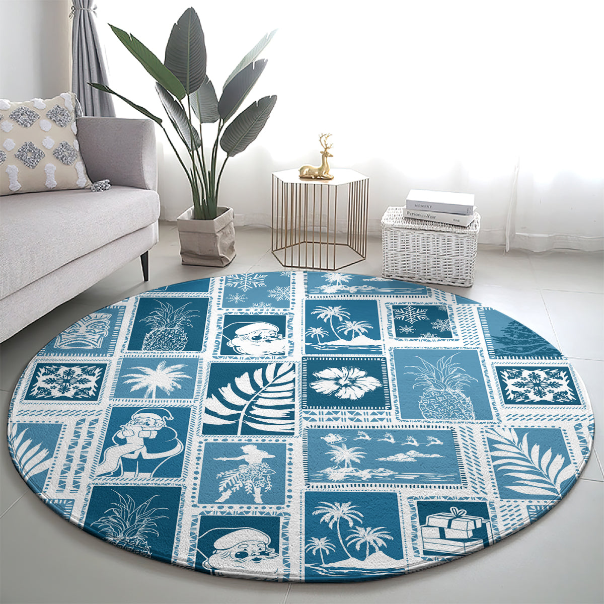 Round aquamarine patchwork rug featuring blue palm, snowflake, and nativity-like scenes