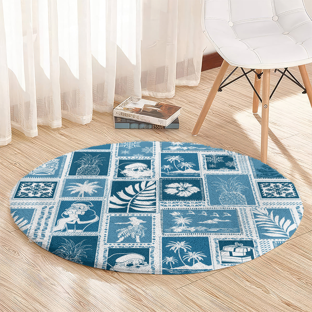 Round aquamarine patchwork rug with blue winter, palm, and ocean icons in squares
