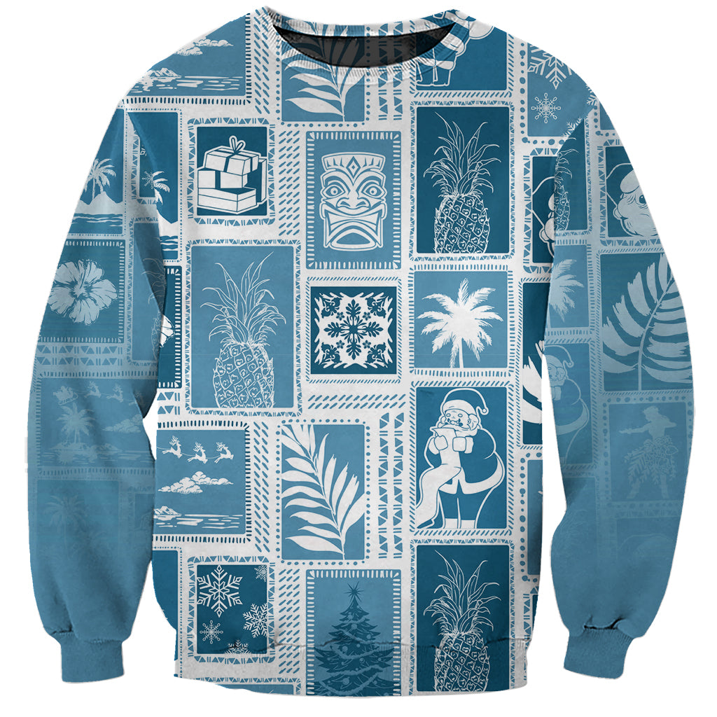 Aquamarine patchwork crewneck sweatshirt with Hawaiian holiday print squares and long sleeves